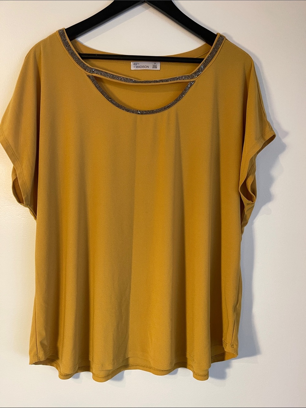 89th & Madison Mustard Yellow Embellished Cutout Blouse Plus Size 1X